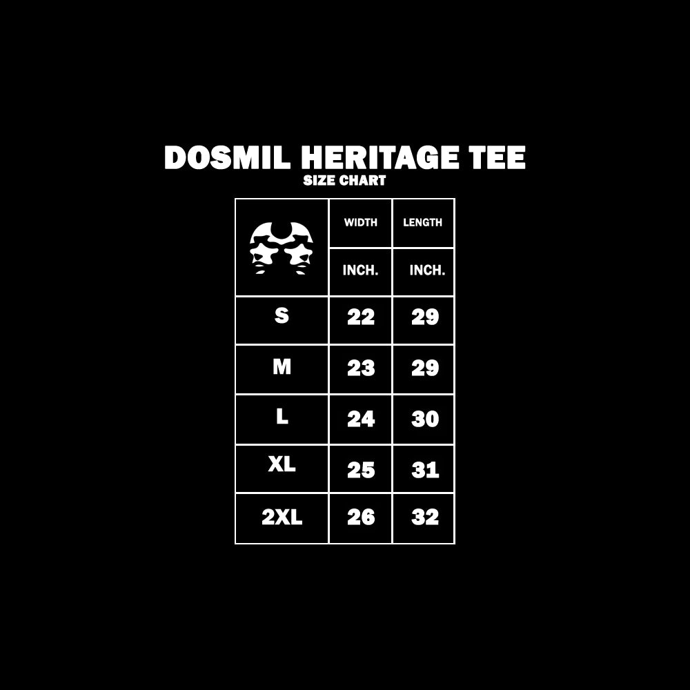 Size chart for DOSMIL HERITAGE TEE on a black background
