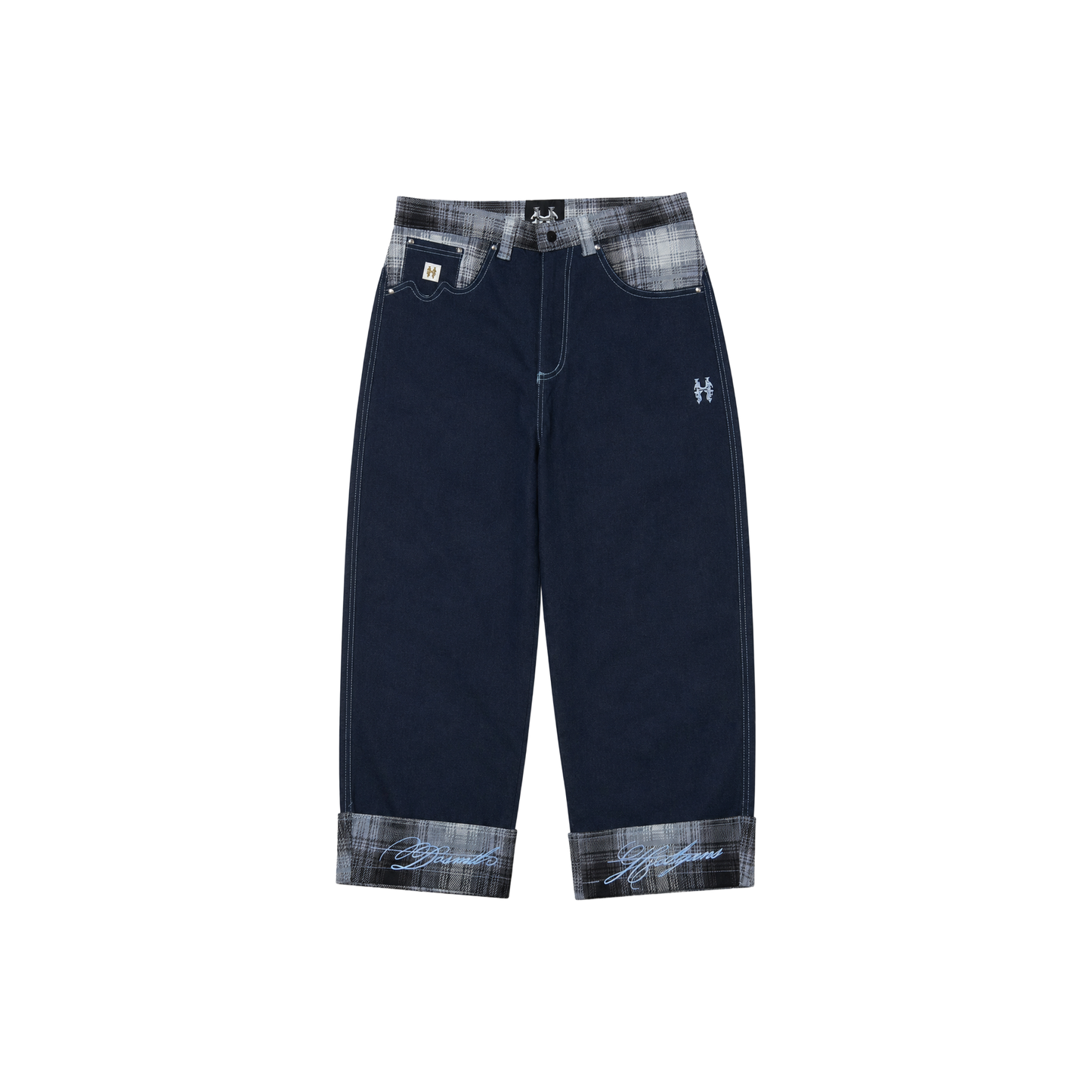 Dos Mil Blue Plaid Denim Cursive Pants