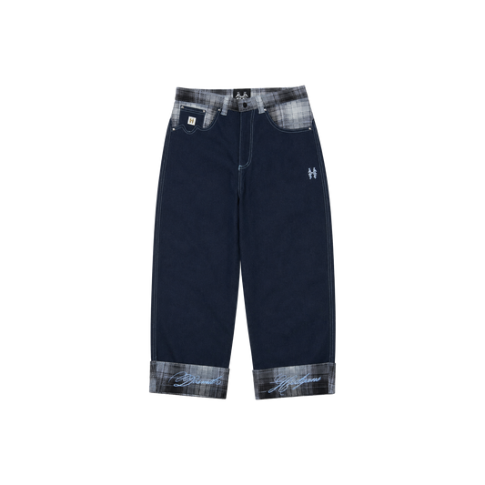 Dos Mil Blue Plaid Denim Cursive Pants