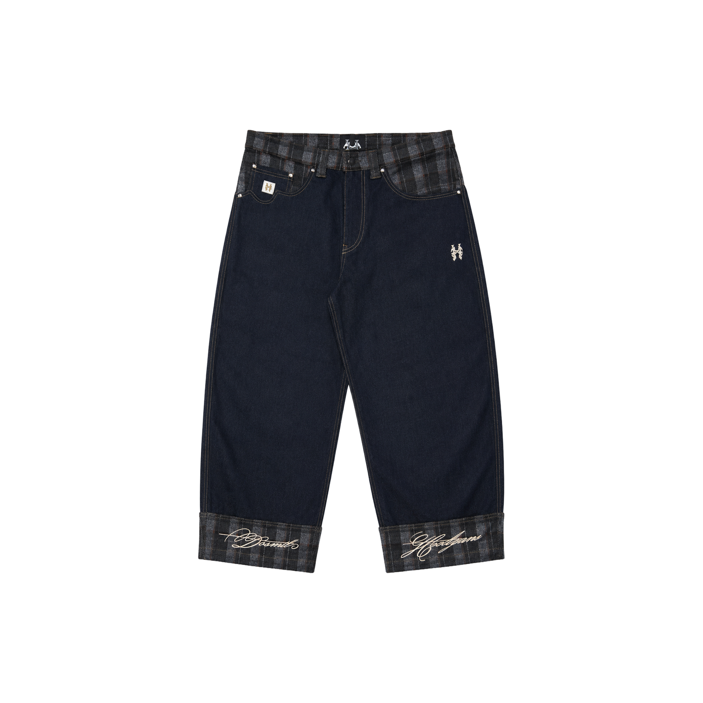 Dos Mil Black Plaid Denim Cursive Pants