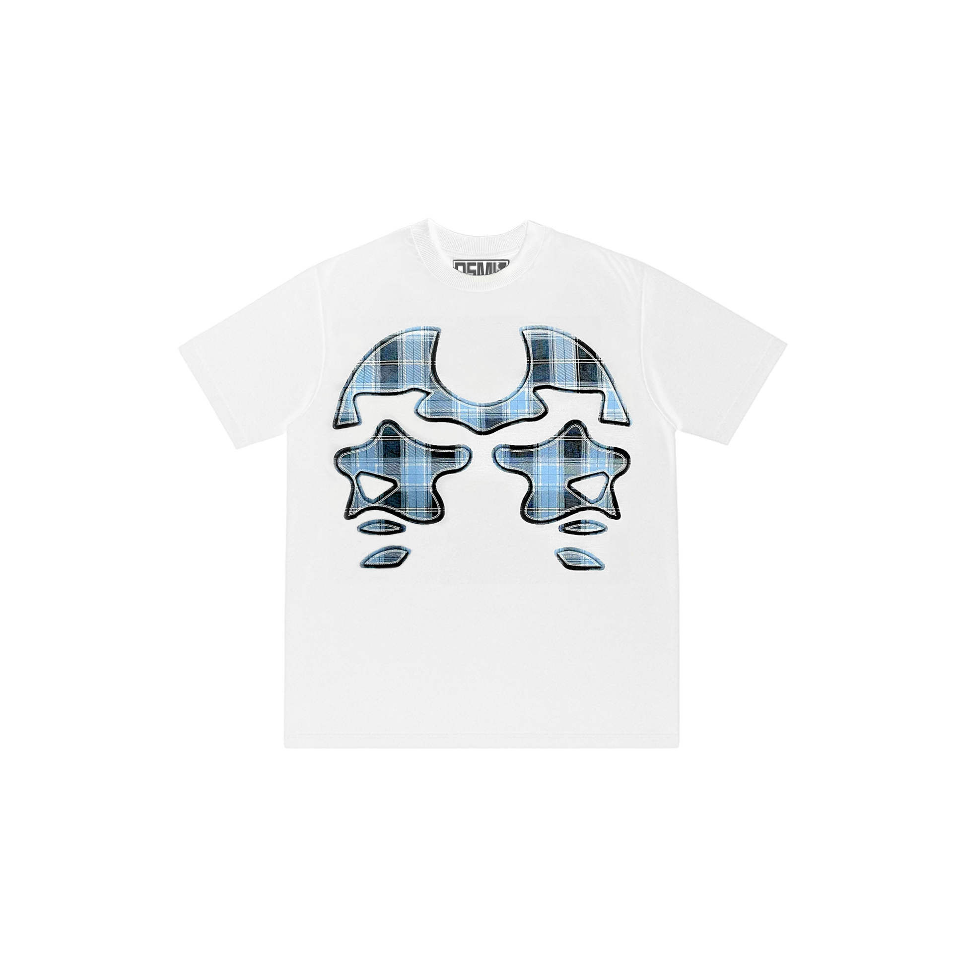White t-shirt with blue and black graphic design on a white background