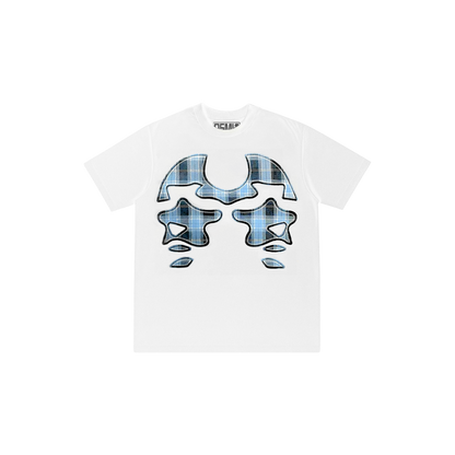 White t-shirt with blue and black graphic design on a white background