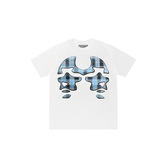 White t-shirt with blue and black graphic design on a white background